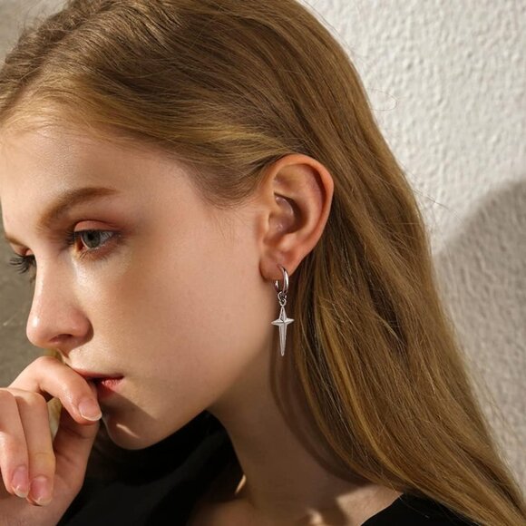 Stainless Steel Punk Cross Star Dangle Earrings for Men Women, Hypoallergenic, L - Picture 6 of 6
